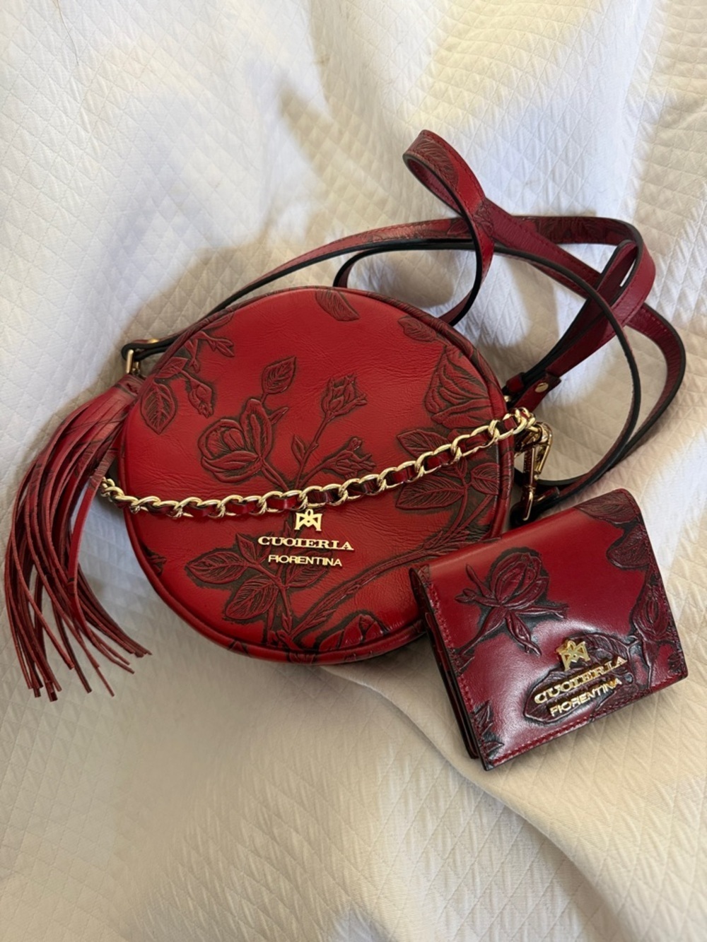 Cuoieria Fiorentina Italian Leather Red Rose Embossed Crossbody Purse & Wallet